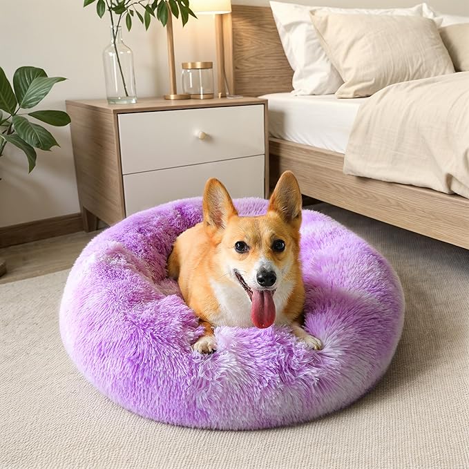 WESTERN HOME WH Calming Dog & Cat Donut Cuddler, Anti-Anxiety Warming Cozy Soft Round Bed, Fluffy Faux Fur Plush Cushion for Small Medium Dogs and Cats (20"/24"/27"/30")
