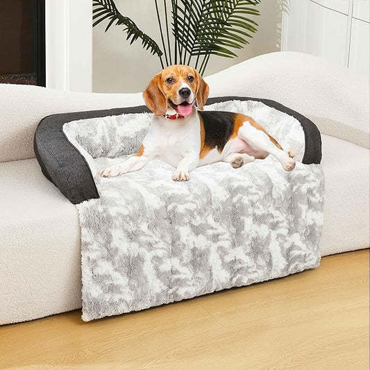 Calming Dog Couch Bed Mat, 35x31 Inch Waterproof Fluffy Sofa Cover, Furniture Protector with Handle, Removable and Washable Pet Bed for Small Medium Dogs and Cats (Grey)