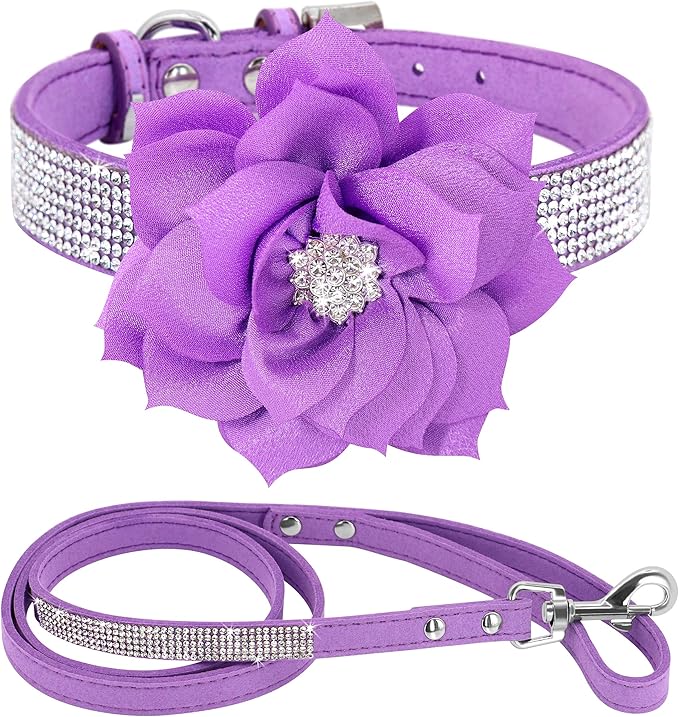 PET ARTIST Rhinestone Dog Collar and Leash Set, Sparkling Girl Dog Collars with Bling Diamonds, Soft Leather Purple Pet Collar with Cute Flower for Small Puppy Dogs Walking Party Wedding,S