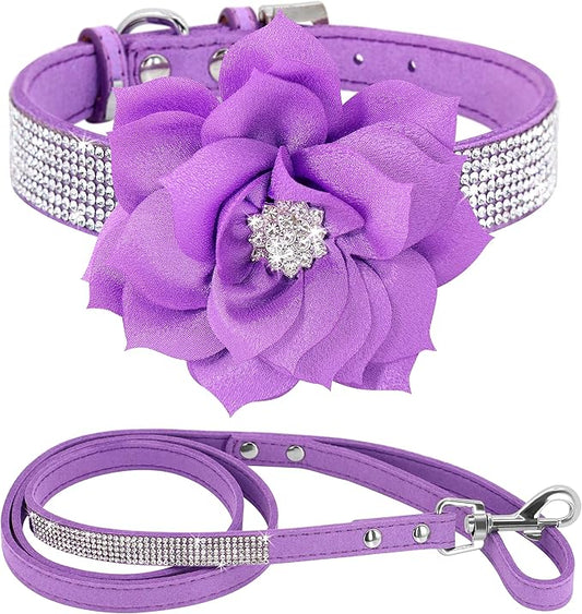 PET ARTIST Rhinestone Dog Collar and Leash Set, Sparkling Girl Dog Collars with Bling Diamonds, Soft Leather Purple Pet Collar with Cute Flower for Small Puppy Dogs Walking Party Wedding,S