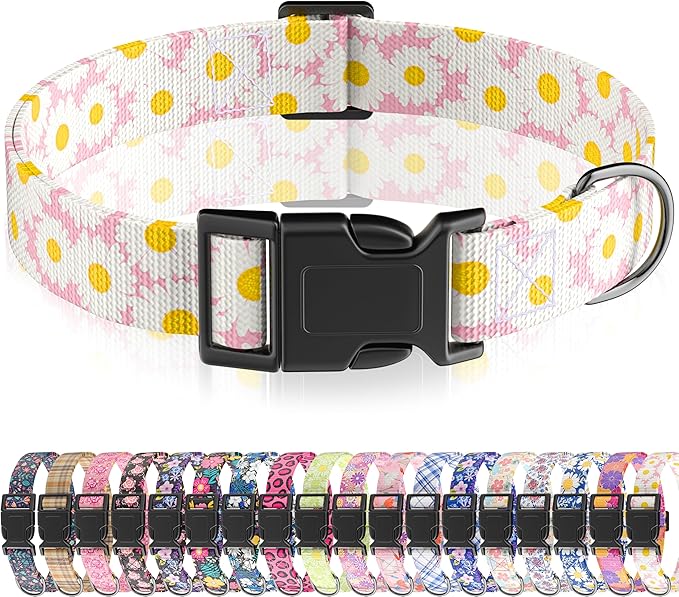 Dog Collar, Daisy Floral Puppy Collar for Boys Girls Small Medium Large Dogs, Adjustable Soft Pet Collar Fancy Floral with Quick Release Buckle for Males Females, Pink Daisy,XS