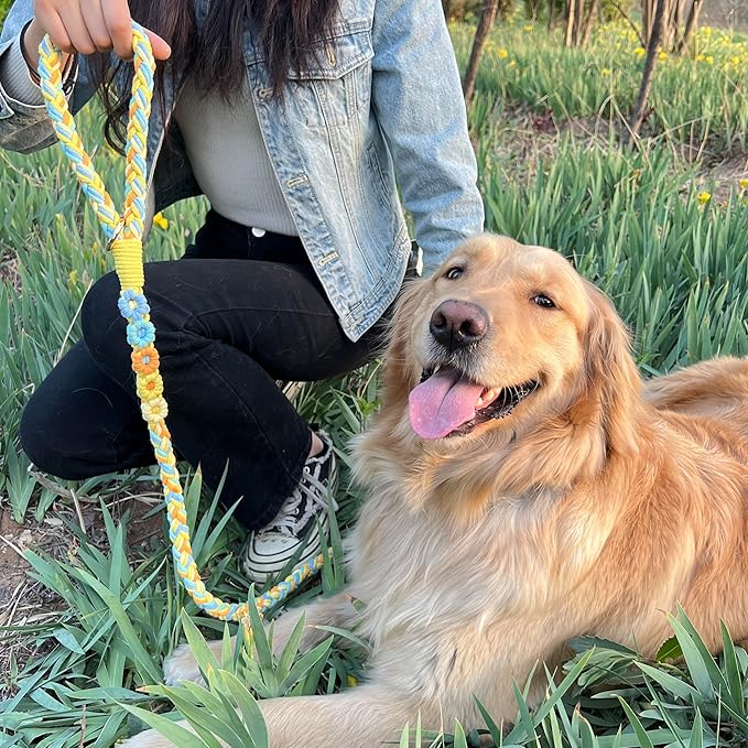 Handmade 5ft Braided Cotton Dog Leash with Unique Floral Handle, Durable and Stylish, Ideal for Small to Large Dogs, Blue & Yellow Twist (Sunshine Breeze)