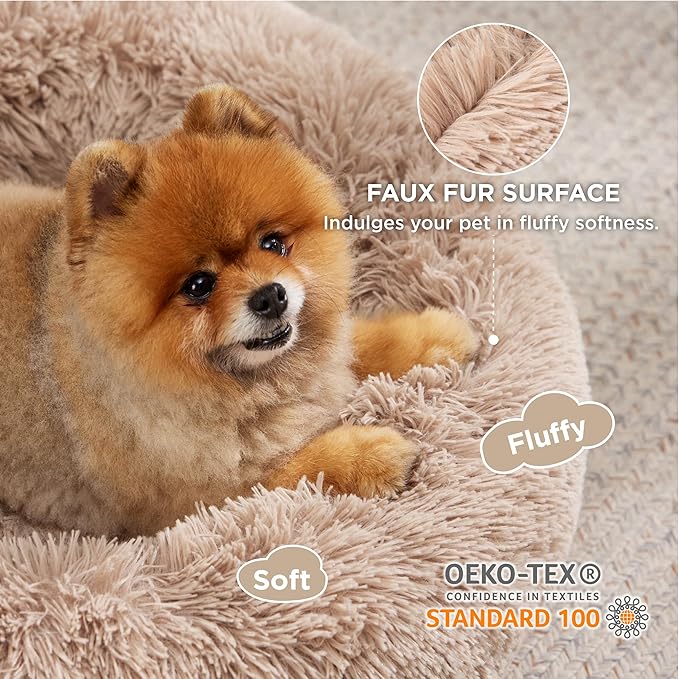 Bedsure Calming Dog Bed for Small Medium Dogs - Donut Washable Medium Puppy Bed, 27 inches Anti-Slip Round Fluffy Plush Faux Fur Pet Bed, Camel