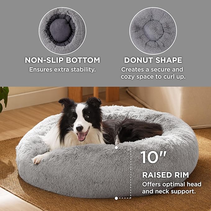 Bedsure Calming Dog Bed for Large Dogs - Donut Washable Large Pet Bed, 36 inches Anti-Slip Round Fluffy Plush Faux Fur Dog Bed, Fits up to 100 lbs Pets, Pale Grey
