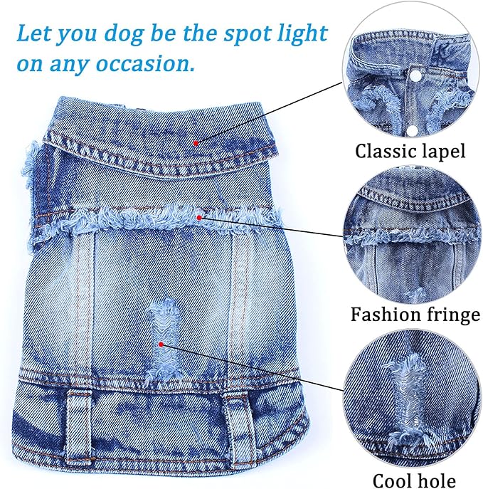 Dog Jean Jacket, Blue Denim Lapel Vest Coat T-Shirt Costume, Cute Girl Boy Puppy Clothes, Comfort and Cool Apparel, for Small Medium Dogs Cats, Machine Washable Dog Outfits (XS, Blue)