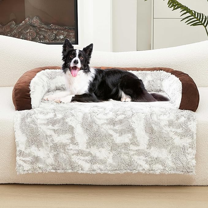 Calming Dog Couch Bed Mat, 41x37 Inch Waterproof Fluffy Sofa Cover, Furniture Protector with Handle, Removable and Washable Pet Bed for Medium Large Dogs and Cats (Brown)