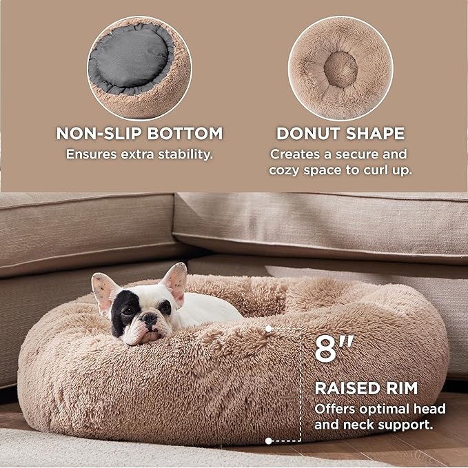 Bedsure Calming Medium Large Size Dogs - Donut Washable Large Pet Bed, 33 inches Anti-Slip Round Fluffy Plush Faux Fur Dog Bed, Camel