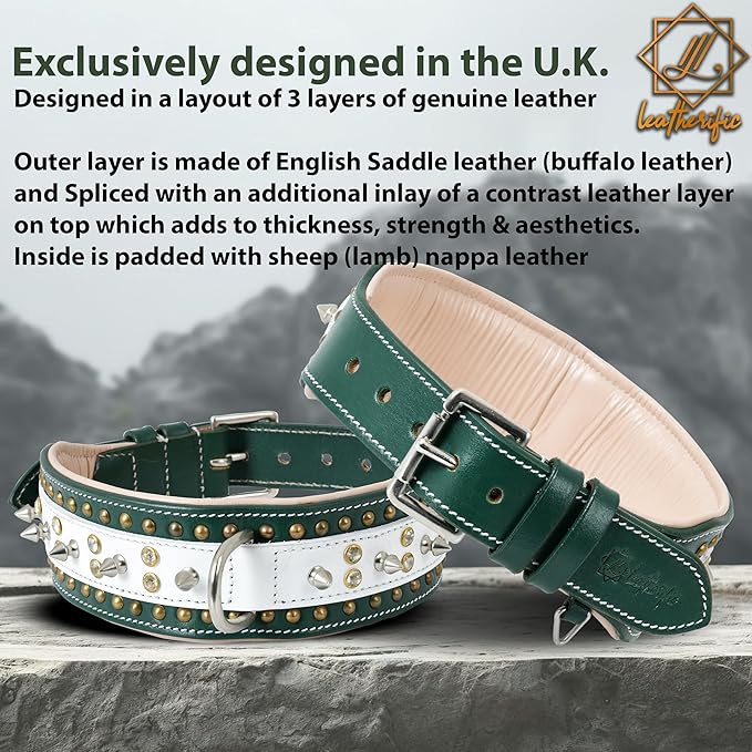 Genuine Leather Dog Collar by Leatherific, Premium Bridle Leather, Heavy Duty, Padded, Strong, Screwed Spikes, Medium, Large, Extra Large Breeds, 2" Wide (Forest Green, Neck Size 22"-26")