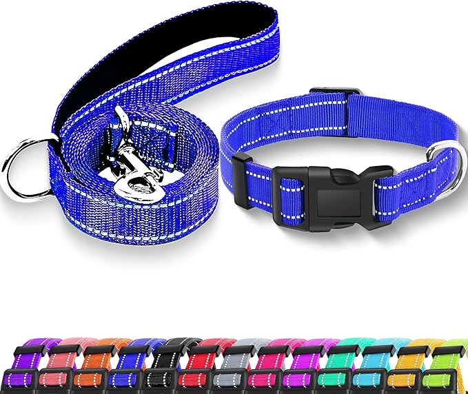Reflective Dog Collar with Safety Locking Buckle, Adjustable Soft Breathable Nylon Collars for Small, Medium and Large Dogs(Collar+Leash L Navy Blue)