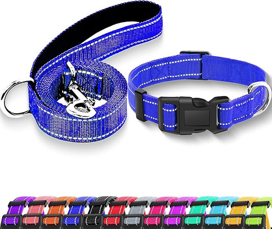 Reflective Dog Collar with Safety Locking Buckle, Adjustable Soft Breathable Nylon Collars for Small, Medium and Large Dogs(Collar+Leash XL Navy Blue)