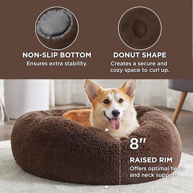 Bedsure Calming Dog Bed for Medium Large Dogs - Donut Washable Large Pet Bed, 33 inches Anti-Slip Round Fluffy Plush Faux Fur Dog Bed, Coffee