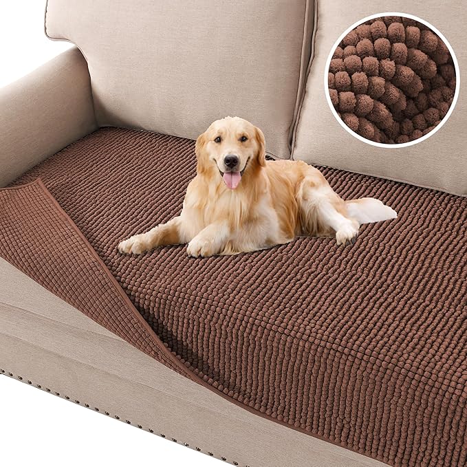H.VERSAILTEX Plush Chenille Dog Bed Cover Thick Soft Sofa Cover for 3 Cushion Couch Anti Slip Couch Cover Furniture Protector for Dog, Pet, Cat (35" x 82", Caramel)