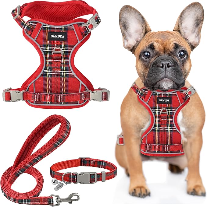 GAMUDA Dog Harness Collar and Leash Set, Dog Harness, No Chock No Pull Adjustable Vest Harnesses Plaid Reflective for Medium Dog, Cat, Small Horse, Small Bull and Pig (Red, S)
