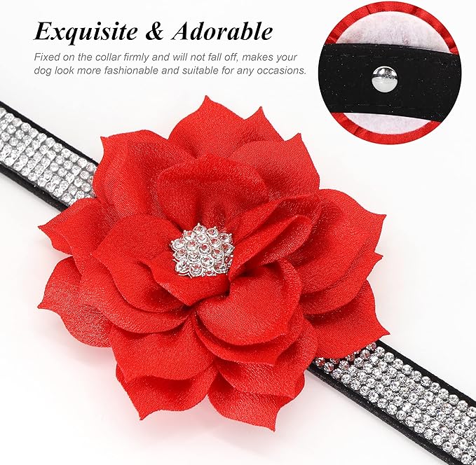 PET ARTIST Rhinestone Dog Collar and Leash Set, Sparkling Girl Dog Collars with Bling Diamonds, Soft Leather Red Puppy Collars with Cute Flower for Small Dogs Cats Walking Party Wedding,XS