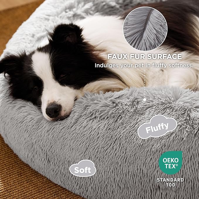 Bedsure Calming Dog Bed for Large Dogs - Donut Washable Large Pet Bed, 36 inches Anti-Slip Round Fluffy Plush Faux Fur Dog Bed, Fits up to 100 lbs Pets, Pale Grey