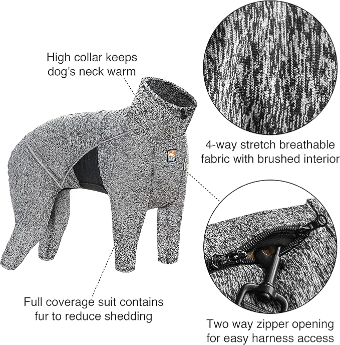 Kurgo Stowe Base Layer, Dog Onesie Body Warmer, Bodysuit for Dogs, Recovery Suit, Reduce Anxiety, Contains Shedding, Leash Opening, Reflective, Heather Black (X-Small)