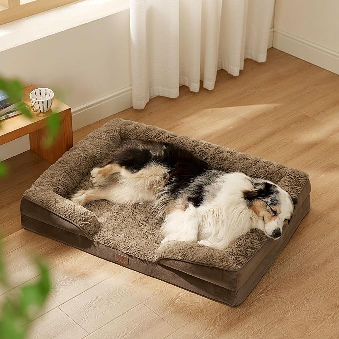 Bedsure Orthopedic Dog Bed for Extra Large Dogs - Calming XL Dog Sofa Beds with Luxurious Plush Washable, Pet Couch Bed with Removable Washable Cover, Waterproof Lining and Nonskid Bottom, Brown