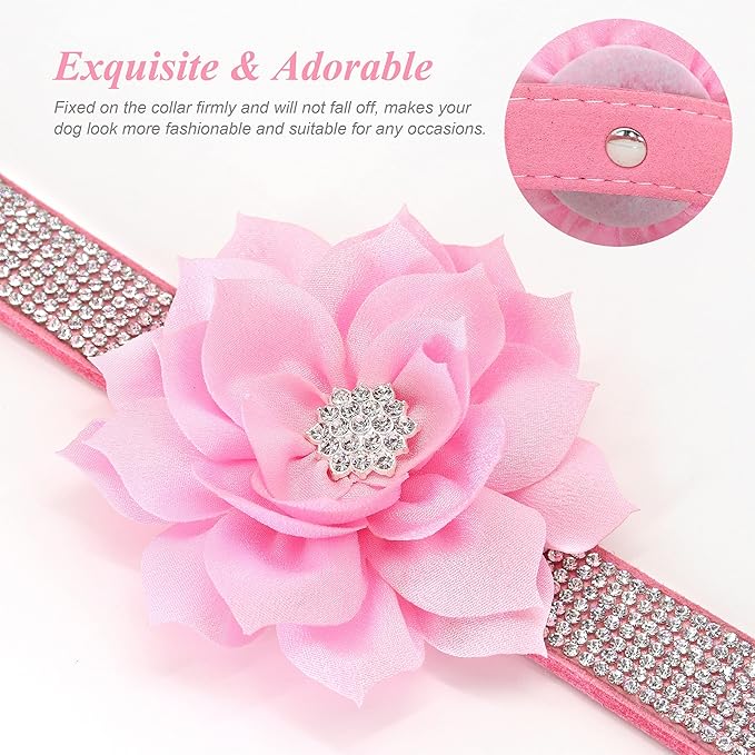 PET ARTIST Bling Rhinestone Dog Collar, Cute & Soft Suede Leather Dog Collar Girl with Flower, Sparkling Pink Pet Collars for Small Medium Female Dogs Walking Party Wedding,M