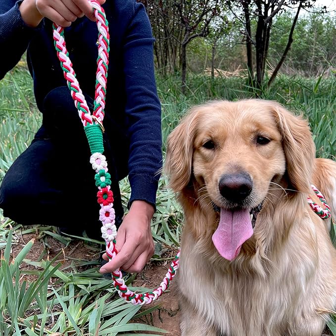 Handmade 5ft Braided Cotton Dog Leash with Unique Floral Handle, Durable and Stylish, Ideal for Small to Large Dogs,Strawberry