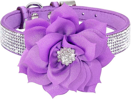 PET ARTIST Sparkling Rhinestone Dog Collar with Cute Flower, Soft Suede Leather Female Dog Collar, Bling Girl Puppy Collars for Small Dogs and Cats Walking Party Wedding,XS