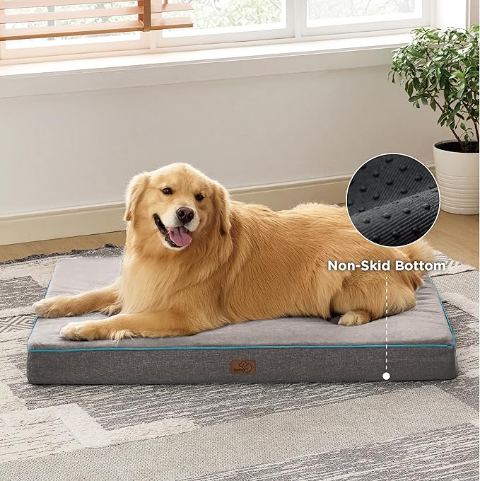 Bedsure Memory Foam Extra Large Plus Dog Bed - Orthopedic Waterproof Pet Mat for Crate with Removable Washable Cover and Nonskid Bottom - Water-Resistant Plush Flannel Fleece Top Pet Bed, Grey