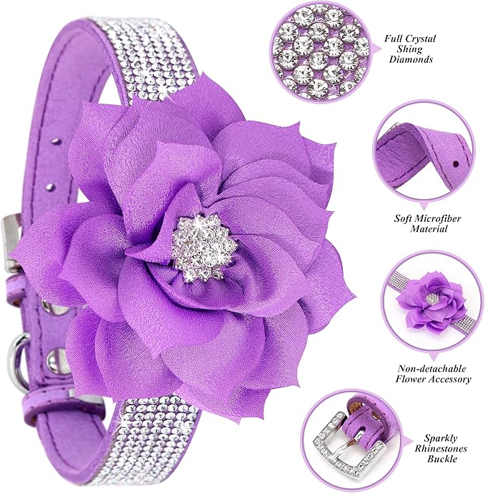 PET ARTIST Sparkling Rhinestone Dog Collar with Cute Flower, Soft Suede Leather Female Dog Collar, Bling Girl Pet Collars for Small Puppy Dogs Walking Party Wedding,S