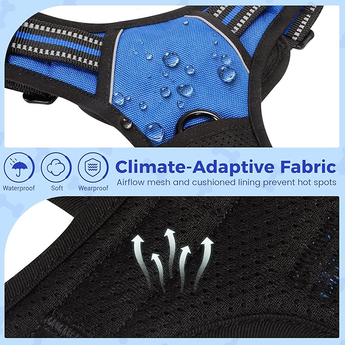 Funfox Dog Harness No Pull, Adjustable Pet Vest Harness Blue L with Handle, 2 Leash Clips for Daily Walking Easy Control, Soft Durable Reflective Comfortable for Large Breed Dogs