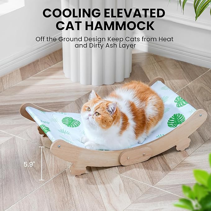 Cooling Cat Bed Hammock with Water Mat, Waterproof Elevated Cat Beds Chair with PVC Fabric, Curved Design, Pet Furniture Couch, Summer Pet Bed for Indoor Use, Green