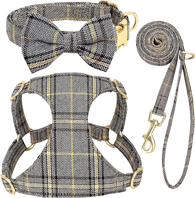 Beirui Cute Small Dog Harness Collar and Leash Set with Bowtie, Soft Adjustable Plaid Puppy Harness for Small Sized Dogs Cats Walks Parties and Photoshoots(Gray,XXS:Chest 12-14")