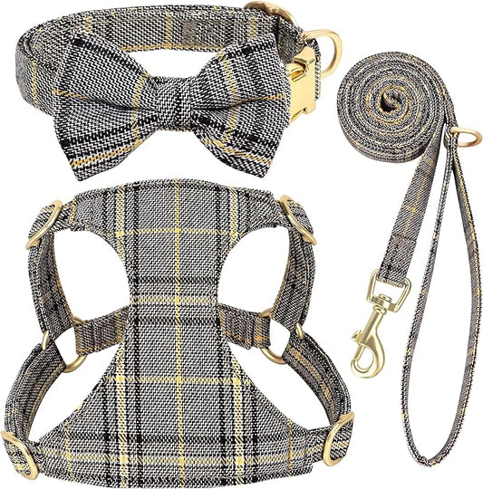 Beirui Cute Small Dog Harness Collar and Leash Set with Bowtie, Soft Adjustable Plaid Puppy Harness for Small Sized Dogs Cats Walks Parties and Photoshoots(Gray,XXS:Chest 12-14")