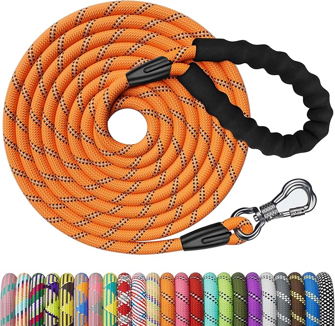 NTR Heavy Duty Dog Leash,15FT Orange Leash for Dog Training with Swivel Lockable Hook,Reflective Threads and Comfortable Handle,Dog Lead for Walking,Hunting,Camping for Medium and Large Dog
