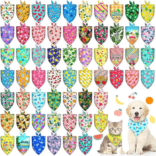 60Pcs Spring Summer Dog Bandanas Bulk Hawaiian Dog Scarves Hawaii Fruit Triangle Puppy Bandanas Washable Adjustable Pet Bandana for Small Medium Large Dog Puppy Pet Grooming Accessories
