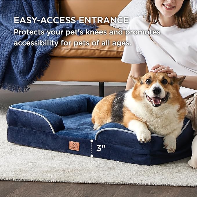 Bedsure Orthopedic Dog Beds Large Sized Dog - Washable Large Dogs Bed Waterproof, Big Comfort Pet Couch with Washable Removable Cover, Supportive Foam Pets Sofa with Nonskid Bottom, Blue Navy