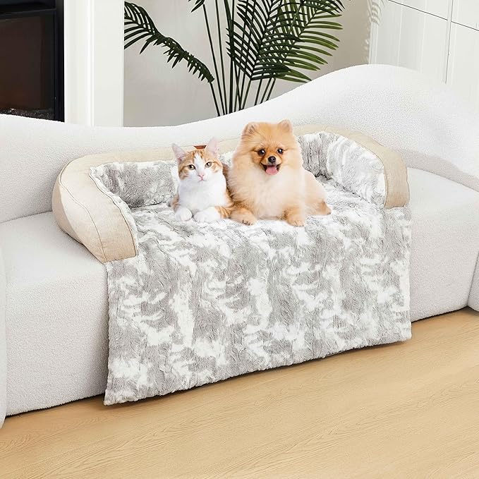 Calming Dog Couch Bed Mat, 31x28 Inch Waterproof Fluffy Sofa Cover, Furniture Protector with Handle, Removable and Washable Pet Bed for Small Dogs and Cats (Beige)