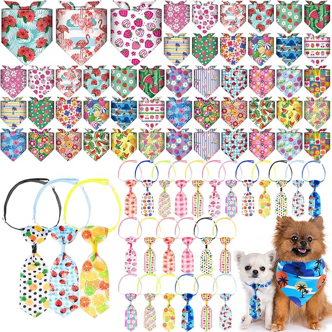 72 Pcs Dog Bandanas Tie Set Summer Bulks Pet Scarves with Fruit Floral Pattern Adjustable Cute Dog Triangle Scarfs Neck Ties for Holiday Birthday Accessories