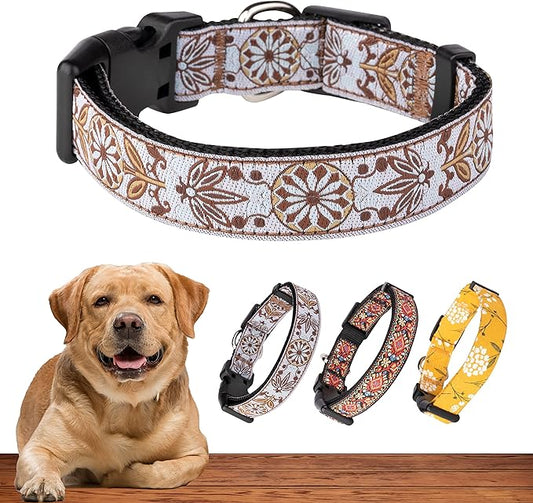 Dog Collars for Small Medium & Large Dogs - Female and Male Patterns on Long Lasting, Adjustable, Strong and Durable Puppy Quick Release Buckle, White Woven Collar