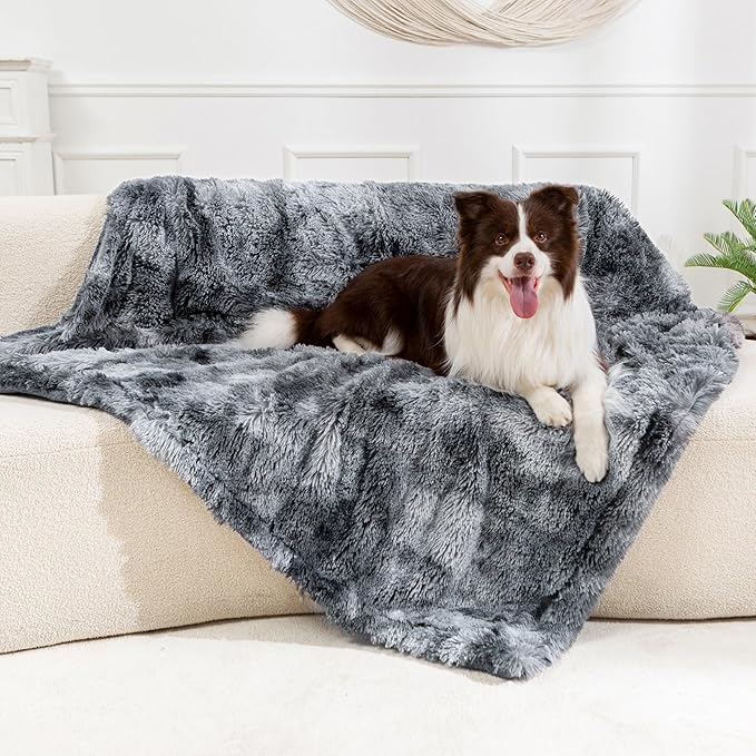 gogobunny Waterproof Dog Blanket for Large Dogs, Cats, Puppy, Reversible Faux Fur Pet Throw Blanket, Washable, Calming Furniture Protection for Sofa Bed (33x77 Inch (Pack of 1), Tie-dye Grey)