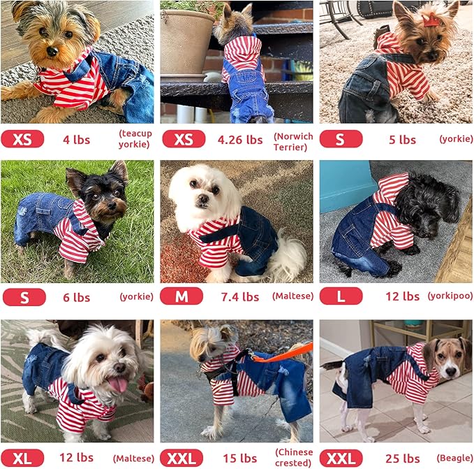 Small Dog Hoodie Clothes Cute Stripe Shirts Denim Jumpsuit One-Piece Outfit for Small Medium Dogs Cats Boy Girl Chihuahua Blue Jeans Overalls Puppy Costume (Red,XS)