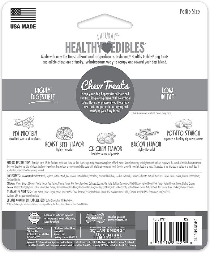 Nylabone Healthy Edibles Natural Dog Chews Long Lasting Chew Treats for Dogs, Roast Beef & Chicken Flavor, X-Small/Petite (3 Count)