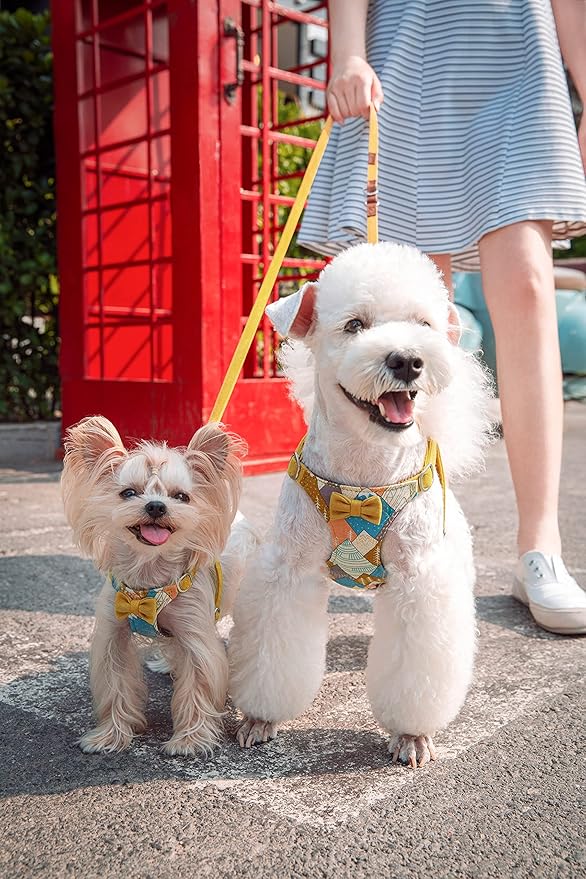 Puppytie No Pull Dog Harness with Multifunction Dog Leash,Soft Adjustable No Choke Escape Proof Pet Harness Vest for Medium Dogs,Suede Bow Yellow,M