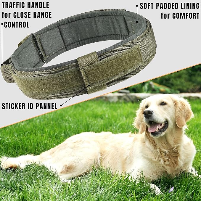 ADITYNA Tactical Dog Collar for Medium Dogs - Soft Padded, Heavy Duty, Service, Adjustable, Military, K9 Green Medium Collar with Handle for Training and Walking
