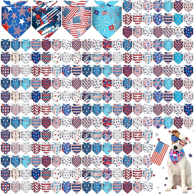Sanwuta 120 Pcs Patriotic Dog Bandanas Bulk 4th of July Pet Scarves Adjustable Soft Cute Dog Triangle Scarfs for Medium Small Dogs Cats Large Puppy