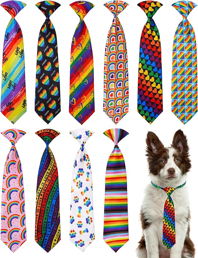 PET SHOW 10 Pack Pride Month Big Dog Ties Neckties for Large Breed Dogs XL Rainbow Neck Ties Bowties Girl Boy Pets LGBT Costumes Dog Adjustable Holiday Grooming Accessories Wedding Party Gift Favor