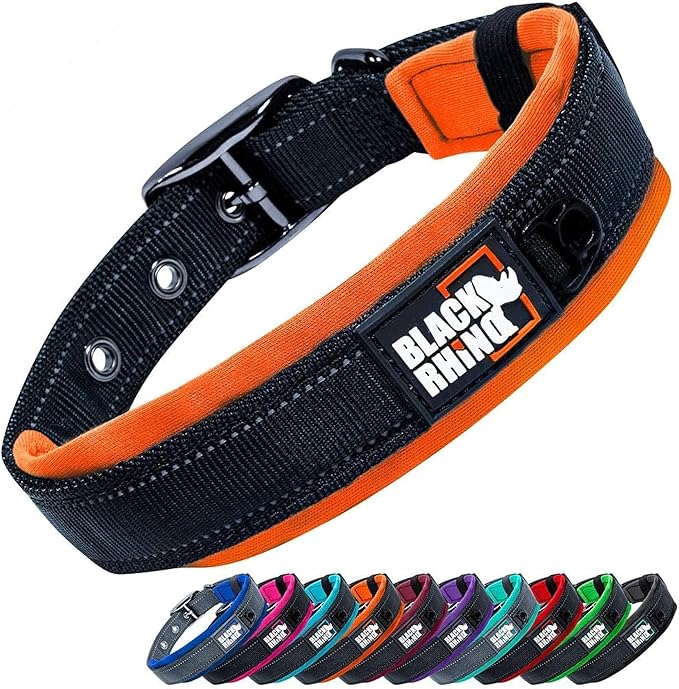 Black Rhino Extra Large Dog Collar - Adjustable Reflective Heavy Duty Dog Collars with Ultra-Soft Neoprene Padding - Weatherproof, Durable, and Comfortable - Ideal for Active Dogs - Orange and Black
