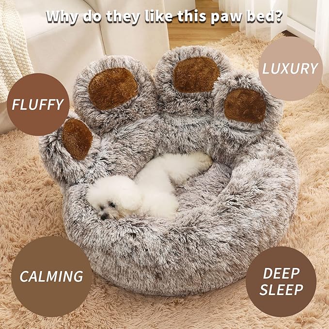 Jiupety Paw Shape Calming Pet Bed, Plush Faux Fur Donut Bed for Dogs & Cats, Machine Washable, Non-Slip Bottom, Large Size (26"×26"×8"), Gray