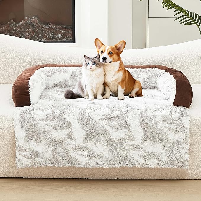 Calming Dog Couch Bed Mat, 35x31 Inch Waterproof Fluffy Sofa Cover, Furniture Protector with Handle, Removable and Washable Pet Bed for Small Medium Dogs and Cats (Brown)
