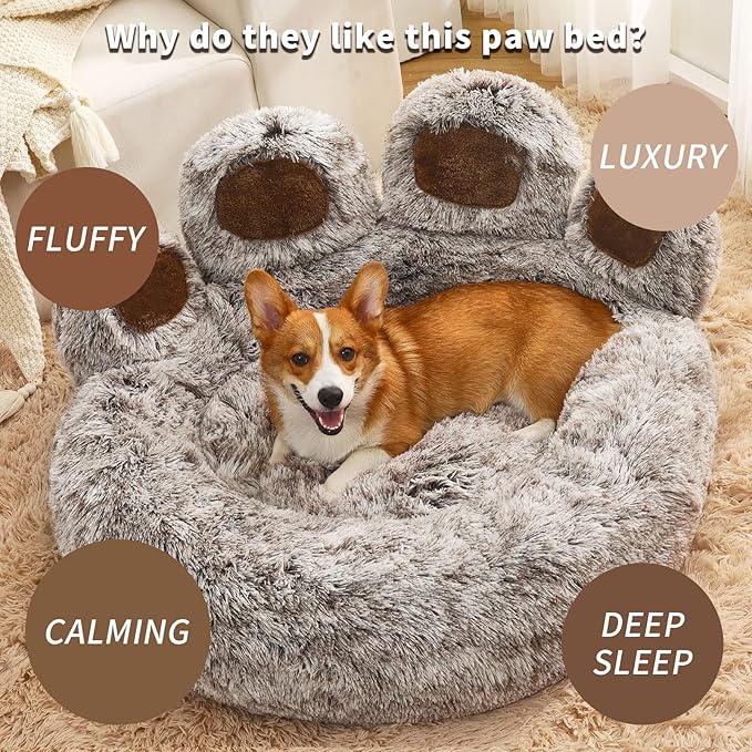 Jiupety Paw Shape Calming Pet Bed, Medium Plush Faux Fur Donut Bed for Dogs & Cats, Machine Washable, Non-Slip Bottom, Extra Large Size (32"×32"×10"), Gray