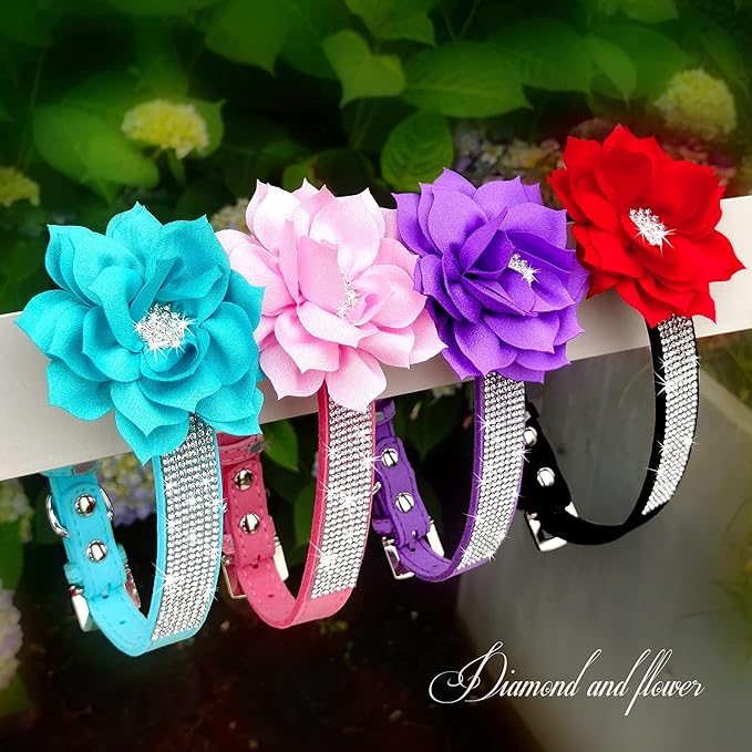 PET ARTIST Bling Dog Collar with Flower, Soft Suede Leather Dog Collar Girl with Sparkling Rhinestone, Cute Red Puppy Collars for Female Small Dogs Cats Walking Party Wedding,XS