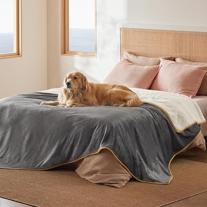 Bedsure Waterproof Blanket for Bed Intimacy- Sherpa Fleece Waterproof Dog Blankets for Large Dogs, Pet Blankets for Bed/Couch, Soft Plush Reversible Furniture Protector, Queen Size, 90"x86", Grey