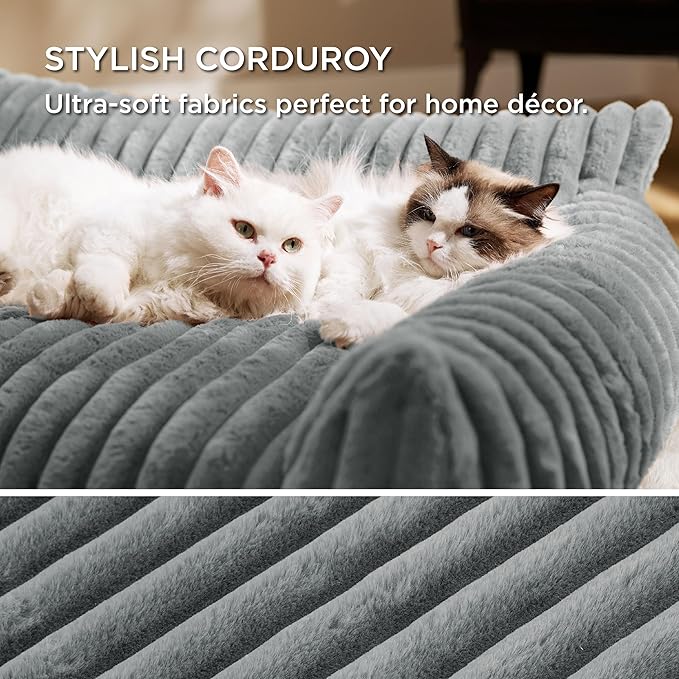 Bedsure Cute Cat Couch for Pets - Fluffy Small Dog Sofa with Premium Soft Corduroy Fleece, Pet Sofa with Removable Washable Cover, Supportive Dog Couch Bed for Small Medium Dogs, 30inch, Warm Grey